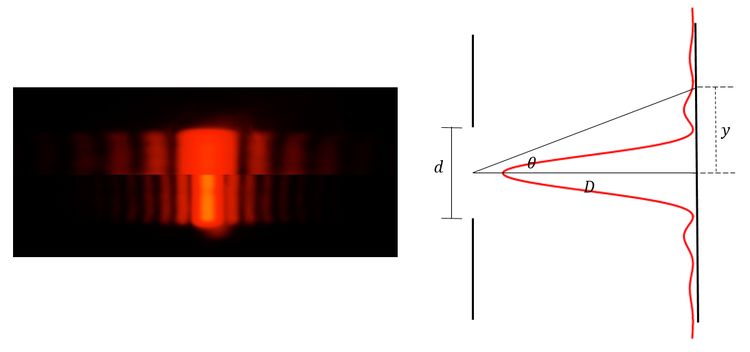 Left, top: intensity distribution for single-slit diffraction with a thin slit. Left, bottom: intensity distribution for single-slit diffraction pattern with a wide slit. Right: geometric setup of single-slit diffraction and an example predicted intensity distribution measured on a screen.