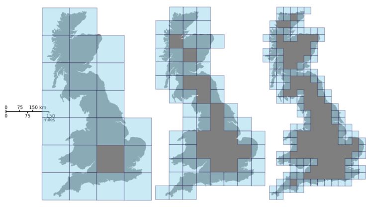 This picture estimates the Minkowski dimension of Great Britain by covering it with boxes of smaller and smaller size.