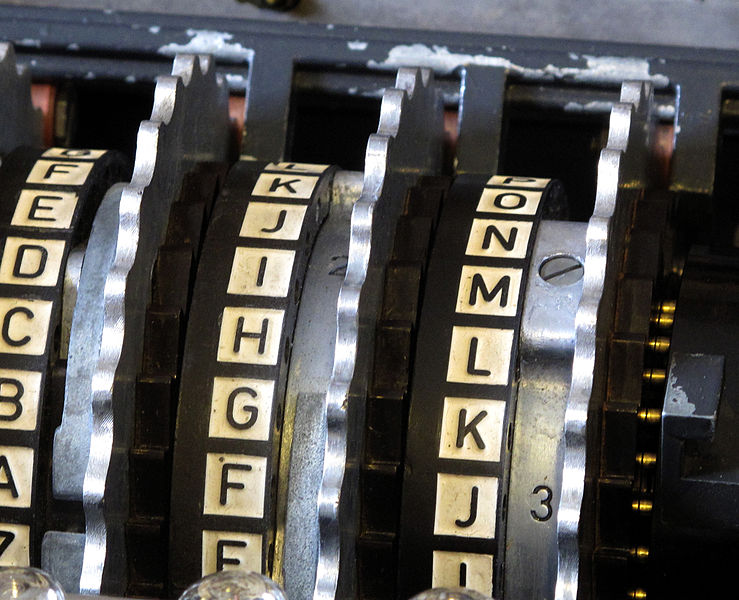 Enigma wheels within alphabet rings in position in an Enigma scrambler