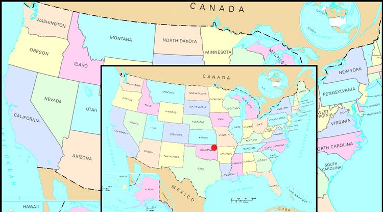 The marked point, somewhere in Oklahoma, represents the same point on both copies of these maps of the U.S.