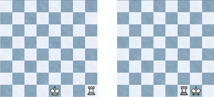 <strong>Left:</strong> the position before castling kingside. <strong>Right:</strong> the position after castling kingside