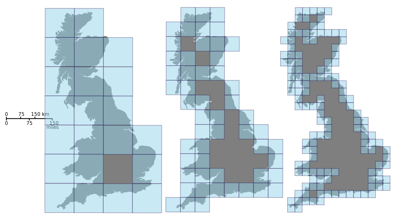 This picture estimates the Minkowski dimension of Great Britain by covering it with boxes of smaller and smaller size.